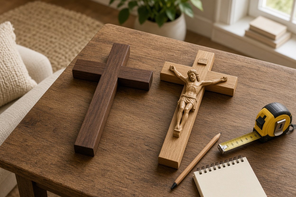 Modernes Holzkreuz und klassisches Kruzifix im Vergleich auf einem Tisch mit Maßband und Notizblock