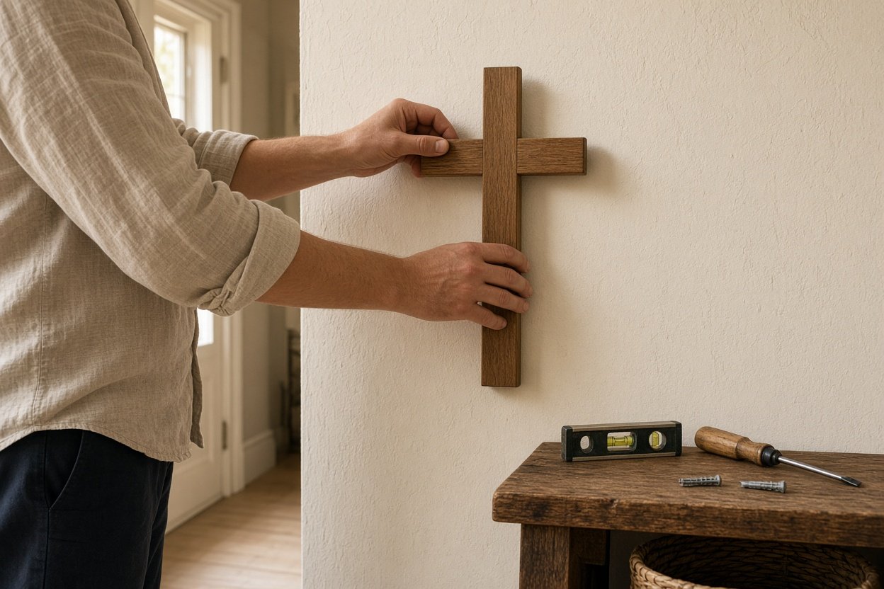 Hände befestigen ein Wandkreuz mit Wasserwaage und Dübeln an einer Wand im Flur
