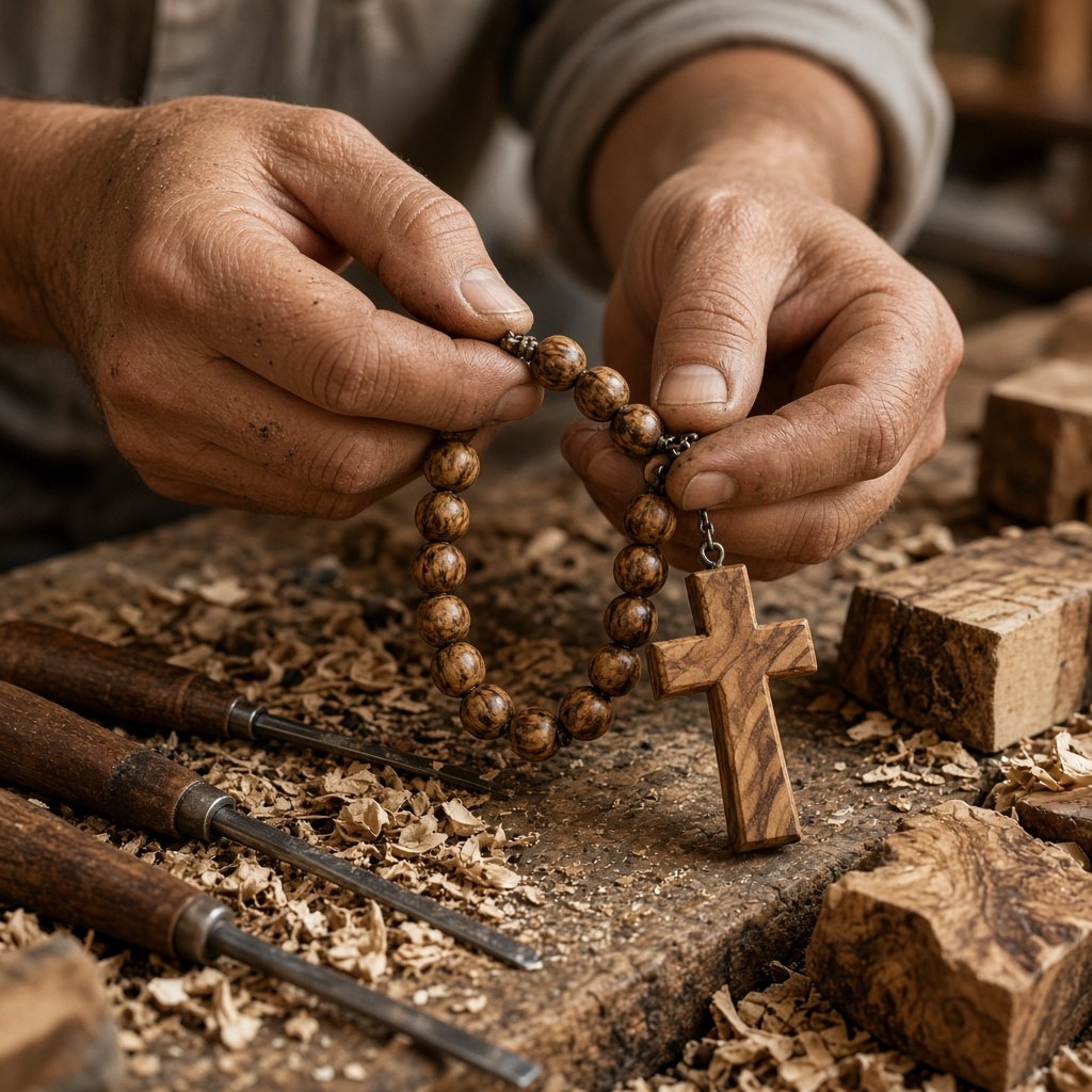 Hände prüfen in einer Schnitzwerkstatt die Perlenverbindung und das Kreuz eines Olivenholz-Rosenkranzes