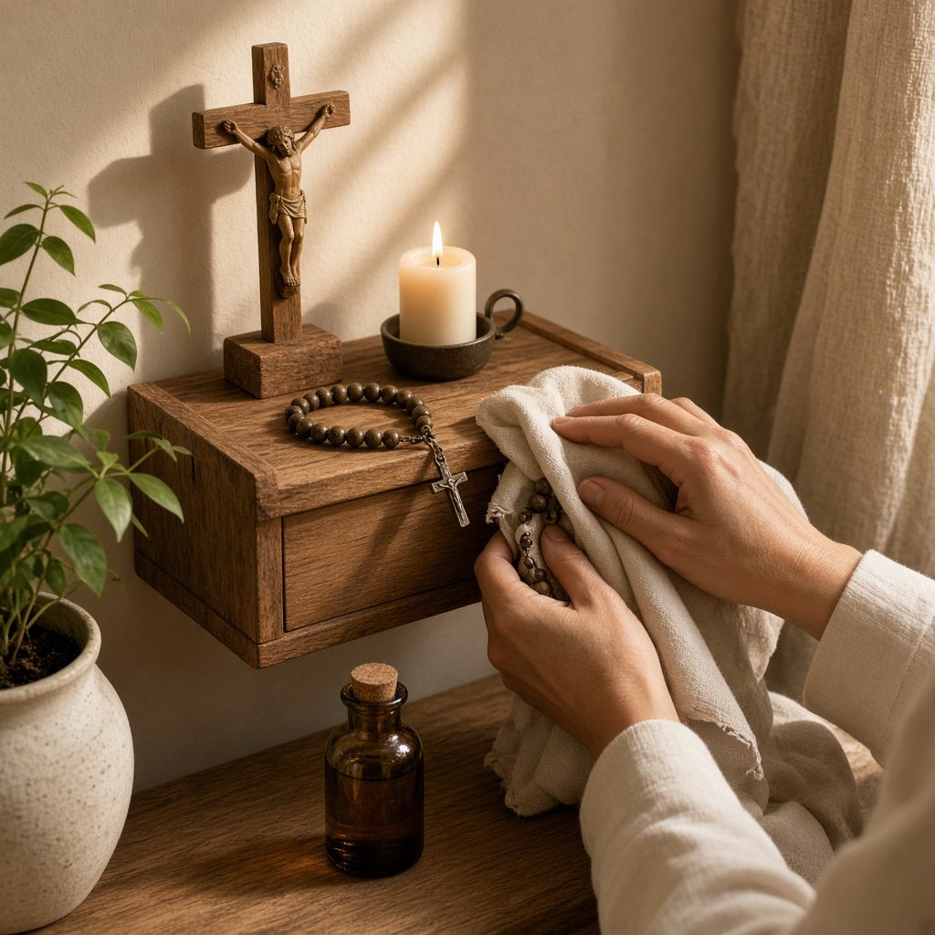 Pflege eines Olivenholz-Rosenkranzes mit weichem Tuch am Hausaltar