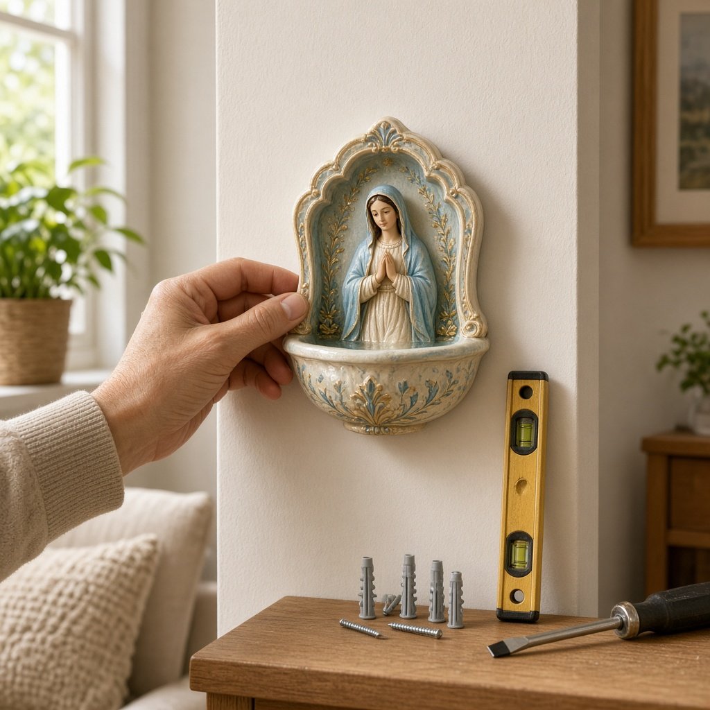 Weihwasserbecken aus Resin mit Marienmotiv wird im Wohnzimmer an der Wand befestigt