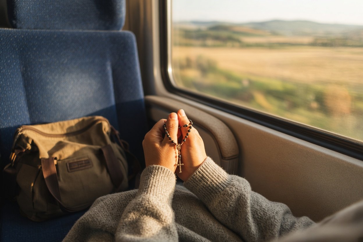 Hände beten mit einem Fingerrosenkranz im Zug während einer Reise am Fenster